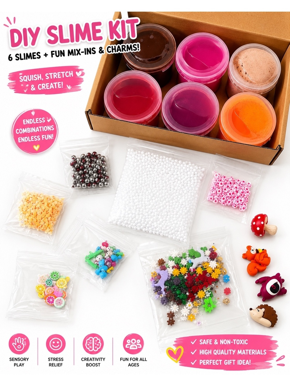 DIY Slime Kit with Mix-Ins & Charms 6 Slimes Sensory Craft Gift for Kids